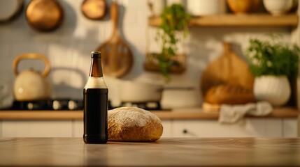 Naklejka premium Bock Beer Day In A Rustic Farmhouse Kitchen. A bottle of bock beer on a farmhouse kitchen counter beside a loaf of freshly baked bread.
