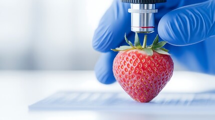 Scientist analyzes strawberry under microscope in lab, blurred equipment in background, for food research