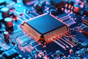 Fototapeta premium Quantum computing breakthrough imagery featuring modern blue gradients and digital motifs targeted at tech enthusiasts and computing professionals