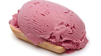 Scoop of berry ice cream melting on biscuit, white background, for food blog or dessert ad