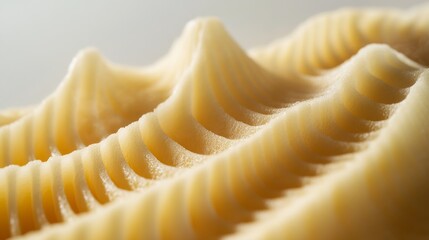 Close-up macro shot of 3D printed potato puree revealing precise horizontal striations, complex interwoven lattice structure, perfectly uniform ridges and valleys, subtle steam rising from fresh