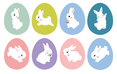 Easter eggs with floral elements. Drawing clipart set. Happy easter eggs, color butterflies. Multicolored symbols for traditional celebration. Vector illustration, oval shape elements for decoration