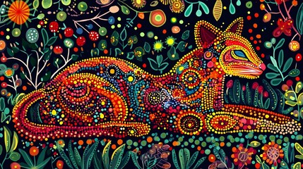 A vibrant, colorful illustration of a stylized cat surrounded by an enchanting garden of flowers and plants, featuring intricate dot patterns.