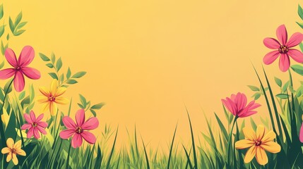 Naklejka premium Colorful Flowers and Grass Growing on a Bright Yellow Background