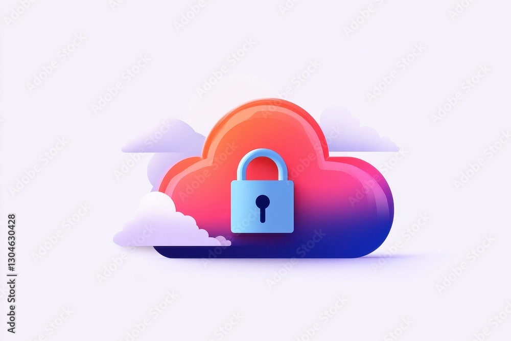 Poster cloud icon and padlock symbol in an abstract design, stylized cloud icon integrated with a secure pa