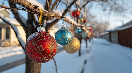 Snowy street, Christmas ornaments, winter scene, suburban homes, holiday decoration