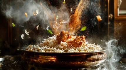 High-speed photography capturing traditional biryani in kinetic moment, layers of marinated chicken and fragrant rice separating mid-flight, caramelized onions and mint leaves dancing through frame,