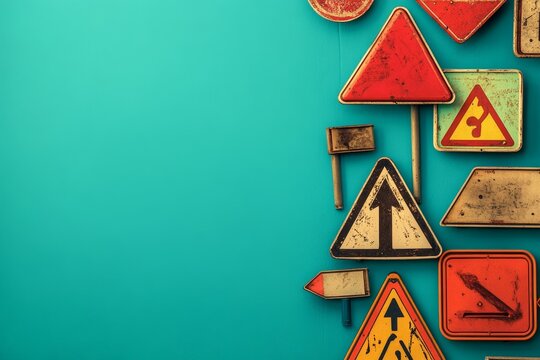 A driving school banner template with multiple road signs set against a light blue backdrop