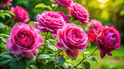 Fototapeta premium A garden overflowing with pink roses, their lush foliage enhancing the romantic bouquet.