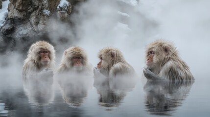 Majestic snow monkeys of Nagano, their fur glistening with water as they relax in steaming natural hot pools