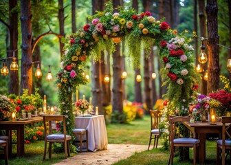 Rustic Forest Wedding Decor: Floral Arch, Greenery, Banquet & Lounge Area - High-Resolution Image