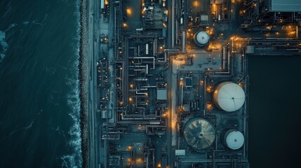 Fototapeta premium Aerial View of Industrial Facility with Pipes and Reservoirs at Night