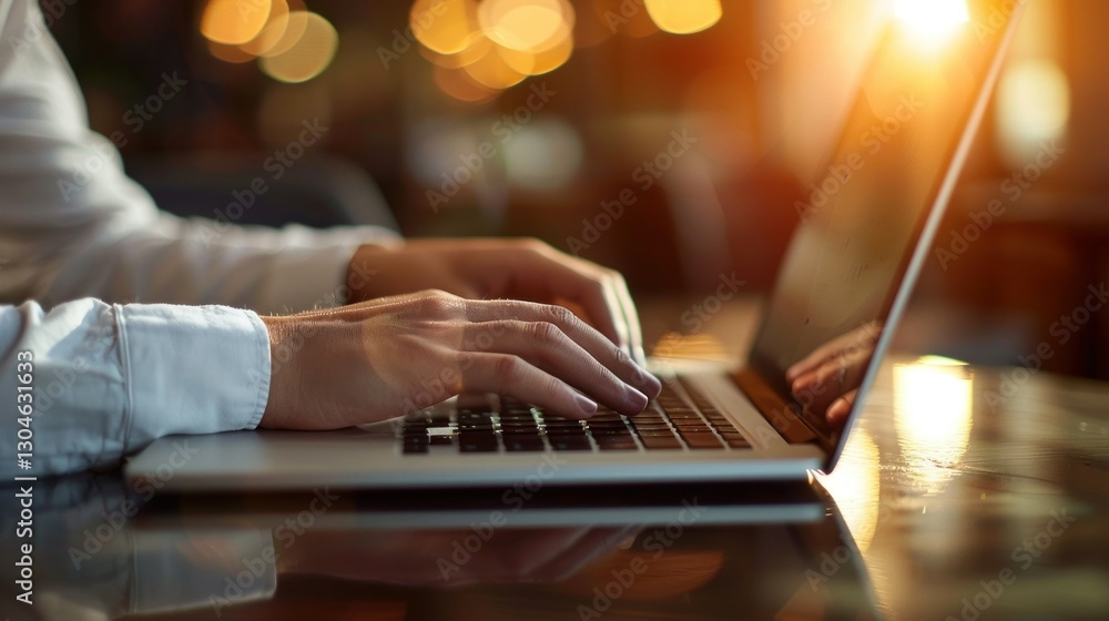Poster professional using a laptop to analyze charts and graphs in a meeting.
