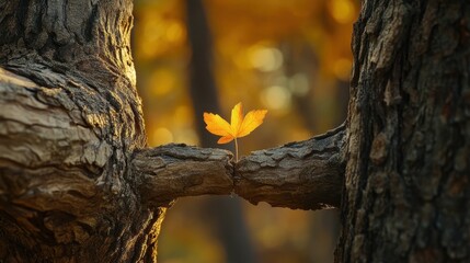 Fototapeta premium Autumn Leaf Between Tree Branches in Warm Golden Light