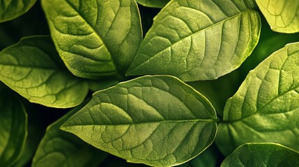 Fototapeta premium Ultra-close-up botanical study of basil leaves pressed against each other, showing microscopic leaf hairs and veining patterns, rich variations in green tones, natural transparency of young leaves,