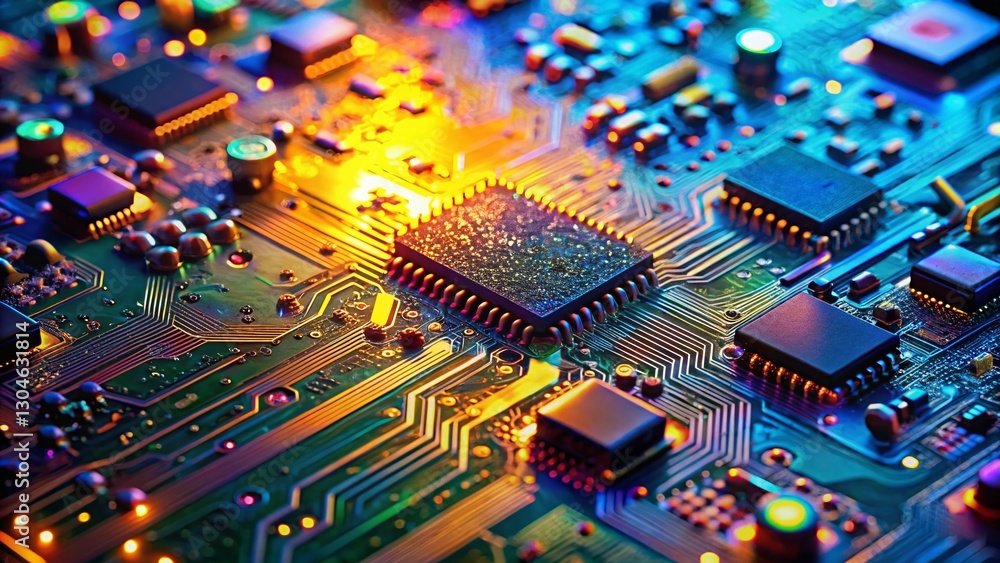 Poster macro photo: microcontroller circuit board details, close-up electronics components