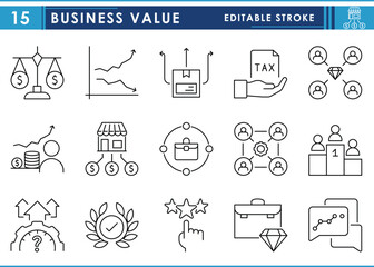 A set of line icons related to Business Value. Business, growth, brand, class, level, award, top, packages, and so on. Vector editable stroke.