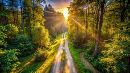 Fototapeta premium Rustic Lane Aerial Photography: Overgrown Forest, Middle of Nowhere - Drone View, Nature Photography, Wilderness Road