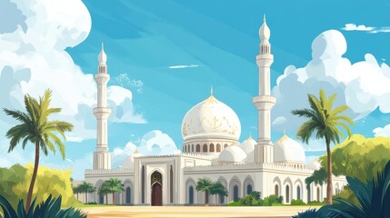 Fototapeta premium A beautiful white mosque surrounded by trees and lush green foliage