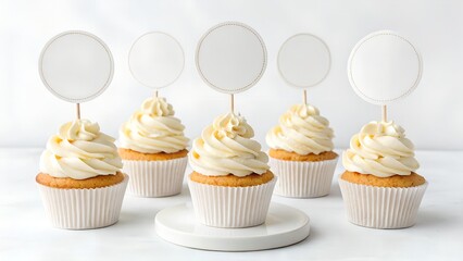 cupcakes with frosting, each decorated with a blank round topper mockup on a stick. Perfect for branding, party decor, or bakery display. Neutral background enhances realism.