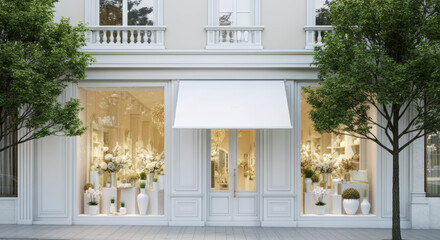 Elegant boutique storefront with floral displays and a serene atmosphere