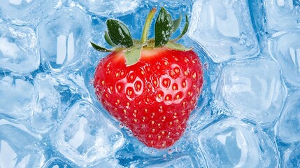 Single strawberry chilled in ice cubes, refreshing, cold, frozen background, potential for desserts
