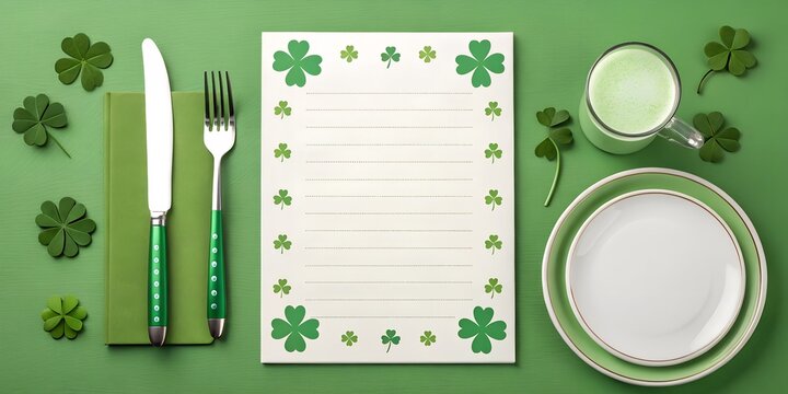 Blank white menu template with green shamrock decorations, placed on a festive green table setting with cutlery, plates, and a drink. Ideal for St. Patrick’s Day events or restaurant branding.