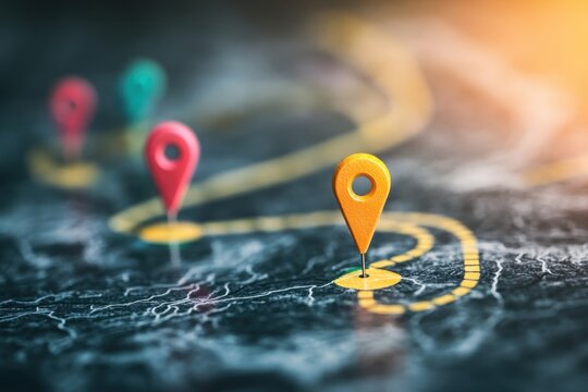 Customer journey concept visualized with vibrant location markers along a winding path, highlighting the progression of experiences