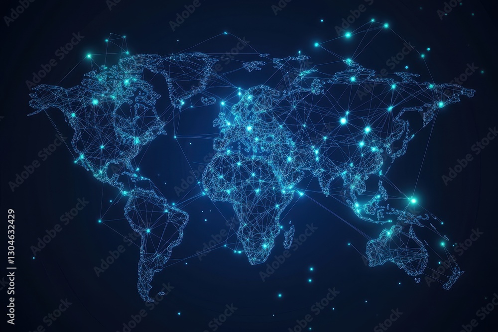 Poster global network connectivity and international data transfer: world map concept of modern cyber techn