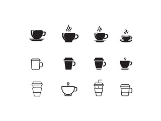 coffee cup icon set.Variety of Coffee Cups and Takeaway Containers Icons.Set of black and white icons depicting various types of coffee cups and takeaway containers.