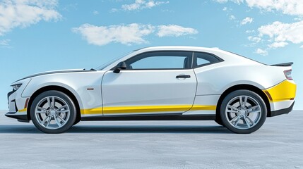 Fototapeta premium Striking white car featuring bold yellow stripes parked on street showcasing unique customization and design