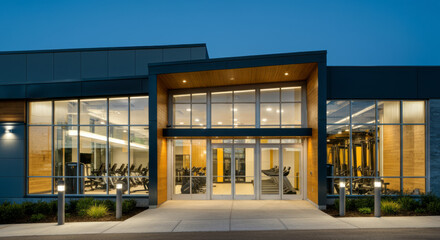 Modern fitness center entrance showcasing sleek architecture and bright interior design at twilight