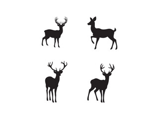 set of deer silhouettes.Four Silhouettes of Majestic Deer,Four simple, black silhouettes of deer, each in a slightly different stance, against a plain white background.