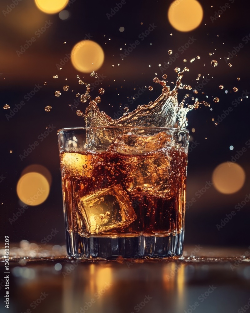 Poster refreshing whiskey splash with ice cubes in glass against bokeh lights and dark background in studio