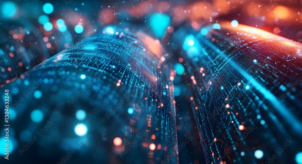 Poster abstract digital landscape featuring glowing lines and dots, representing data and connectivity
