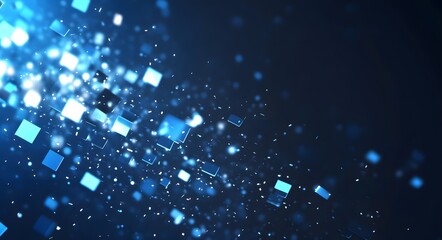Naklejka premium abstract illustration of blue squares floating in space, with a dark background. The squares appear to be sparkling and luminous, creating a sense of depth and movement