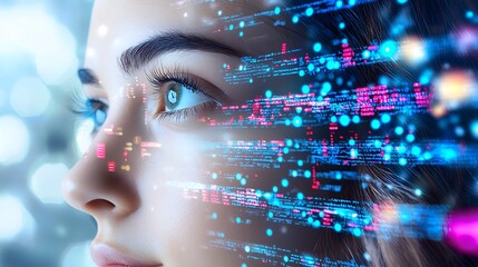 Woman s Face Overlaid with Digital Code Technology AI Future Innovation