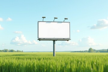 Empty billboard in a green field under blue sky