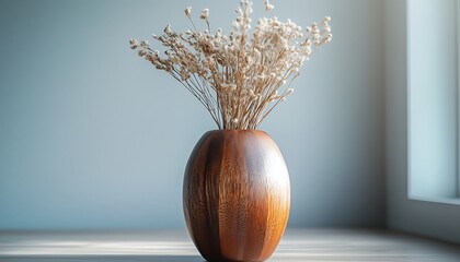Dried blooms in vase by window on table