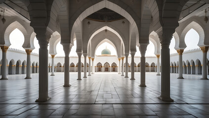 Obraz premium Grand Mosque Courtyard with Elegant Arches and Symmetry, Islamic Architecture and Spirituality 