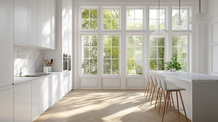 Scandinavian-inspired white kitchen nook featuring tall multi-pane windows, warm wooden herringbone flooring, sleek white cabinet system with integrated appliances, marble-look countertops, linear