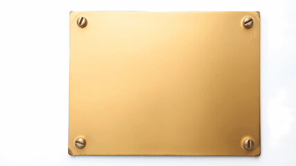 A sleek, shiny gold-colored plate dominates the scene, its surface reflecting ambient light and creating a smooth, polished appearance. The rectangular plaque is affixed to a subtly textured white bac