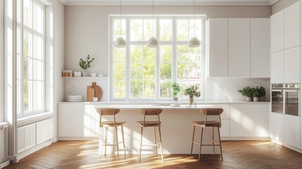 Fototapeta premium Scandinavian-inspired white kitchen nook featuring tall multi-pane windows, warm wooden herringbone flooring, sleek white cabinet system with integrated appliances, marble-look countertops, linear