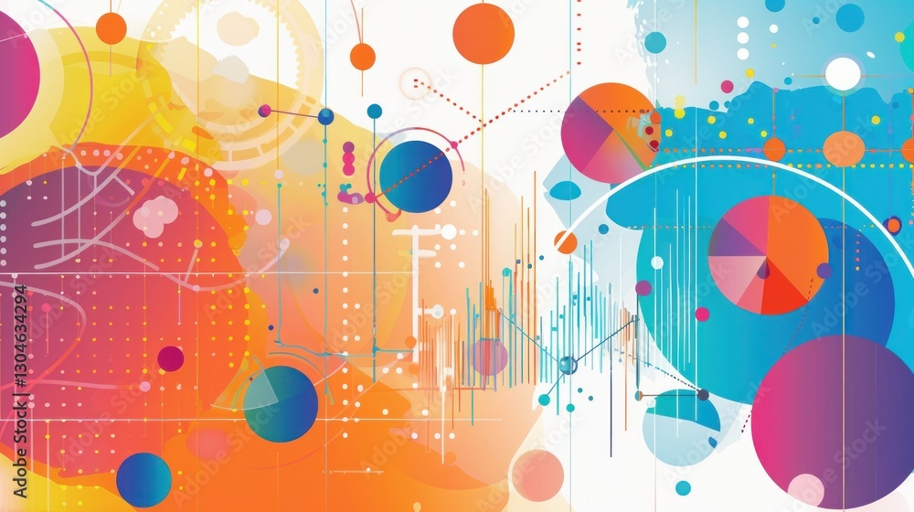 Poster abstract design of pie charts and graphs with bright colors.