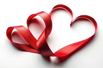 A Valentine's Day close-up:  detailed texture of a red ribbon heart against a white panoramic background.
