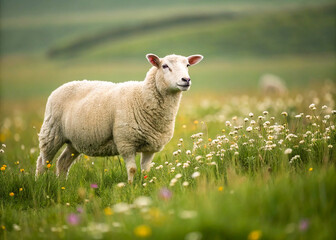 Obraz premium Bright Supermarket Aisle with Grocery Cart and Colorful Shelves