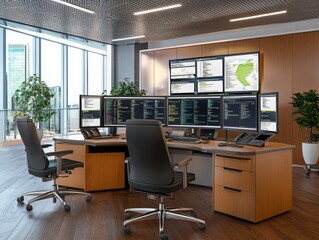 A well-organized desk featuring multiple monitors and workspace accessories for enhanced productivity and focus
