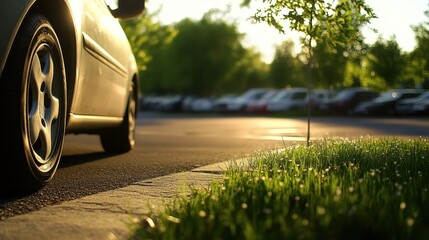 Close-Up View of Car Tire and Grass in Sunlit Parking Area