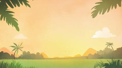 A beautiful cartoon depiction of a tropical landscape at sunset