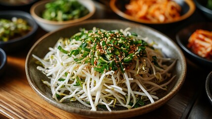 Sprout salad on plate, others on table, for meal promotion